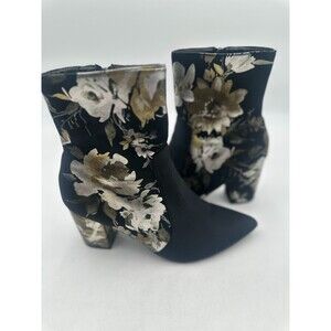 Mackin J Black Floral Velvet Pointed Toe Ankle Booties Block Heel Side Zip Sz 10